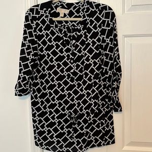 Michael Kors top. Black & white, roll tab sleeves, button down, ties in front.